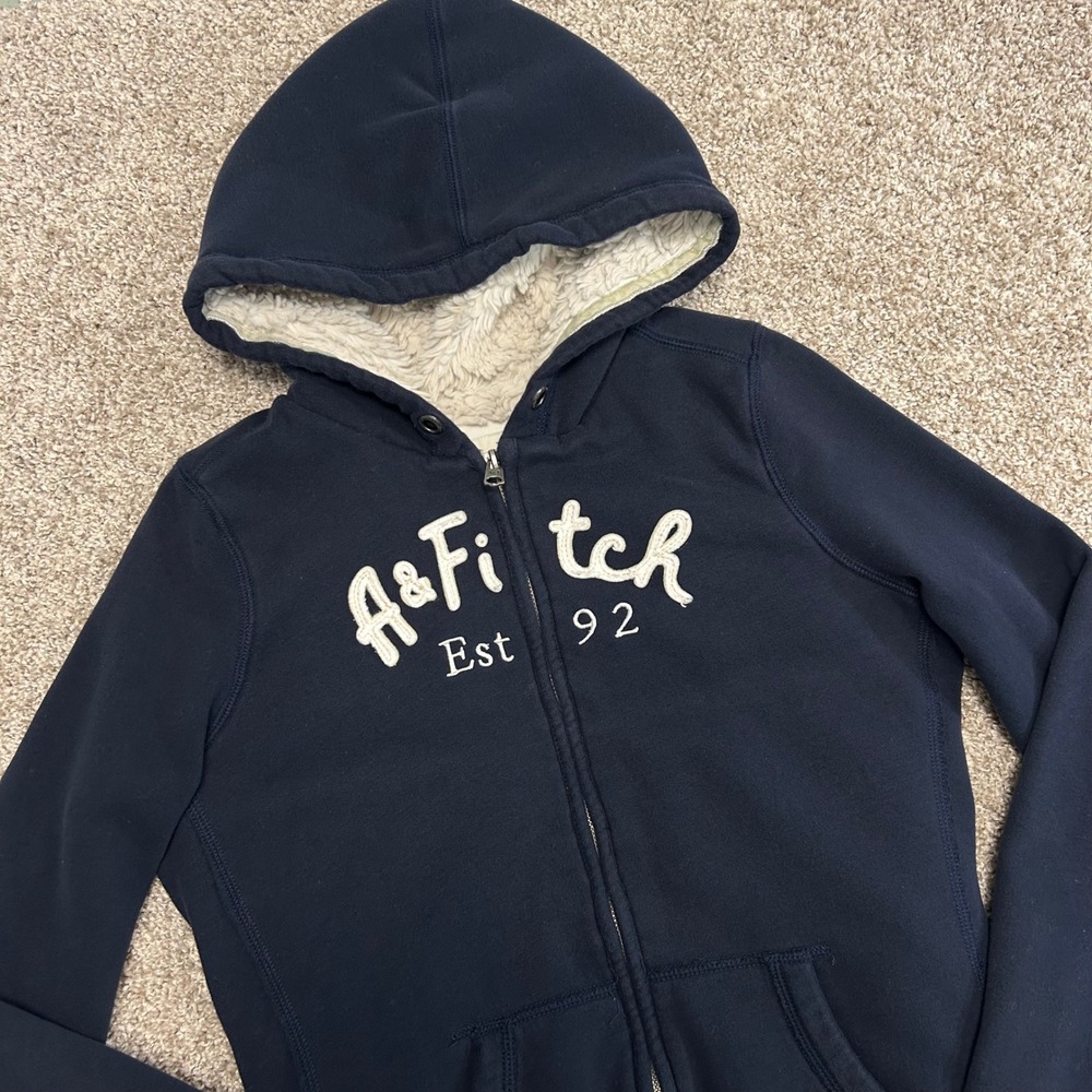 y2K Abercrombie & Fitch Sherpa Lined Full Zip Hoodie Women Large Vintage Navy